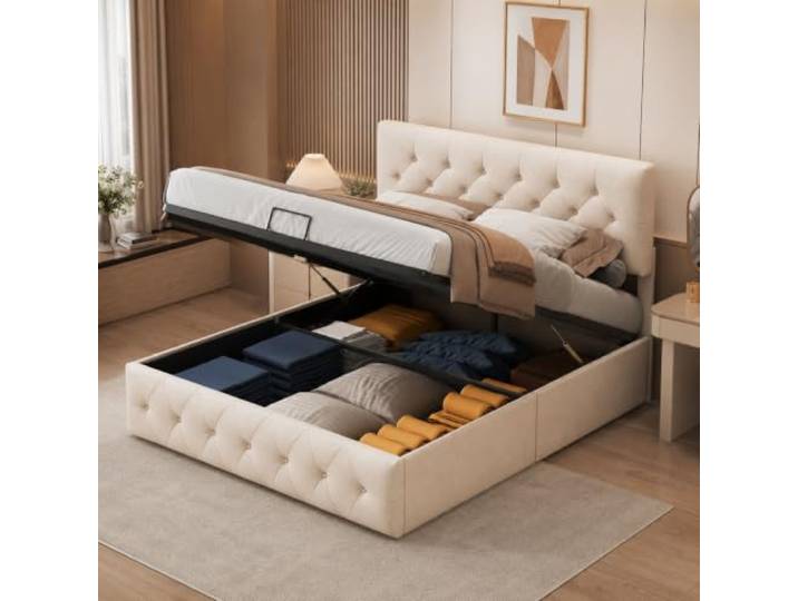 Quiaviank Polsterbett 140x200 cm mit Stauraum unter dem Bett, Doppelbett mit Verstellbares Kopfteil, Bettgestell mit Hydrauliksystem und Lattenrost, Ohne Matratze, Samt, Beige