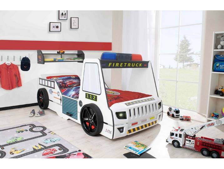Aileenstore Autobett Rio (inkl. LED Licht und Lattenrost), Feuerwehrbett, 90x200 cm, LED Licht, Hochglanz,Lattenrost