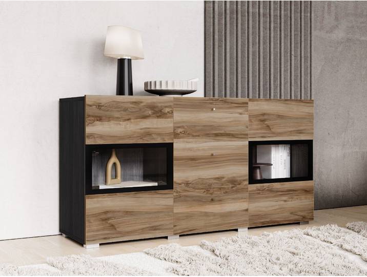 Commode BABEL 2 portes et 3 tiroirs noyer/chêne grisé