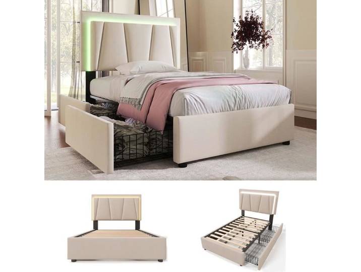 Lit enfant - MODERNLUXE - 90x200cm - LED - Tiroirs - Lin beige