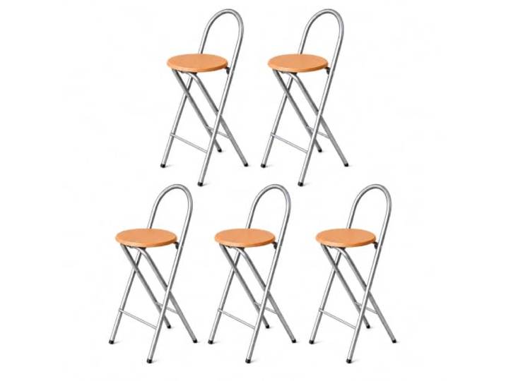 KMH® Barhocker Bill 5er-Set klappbar mit Lehne & Fußstütze – Silber/Buche 73 cm Sitzhöhe, fertig montiert, platzsparend klappbar mit Stahlgestell & MDF-Sitz im Buchendekor – für Küche, Bar & Events