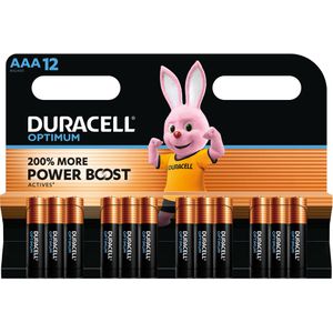 Duracell Batterien Optimum, Alkaline, 1,5V, 12 Jahre lagerfähig, AAA / Micro / LR3, 12 Stück