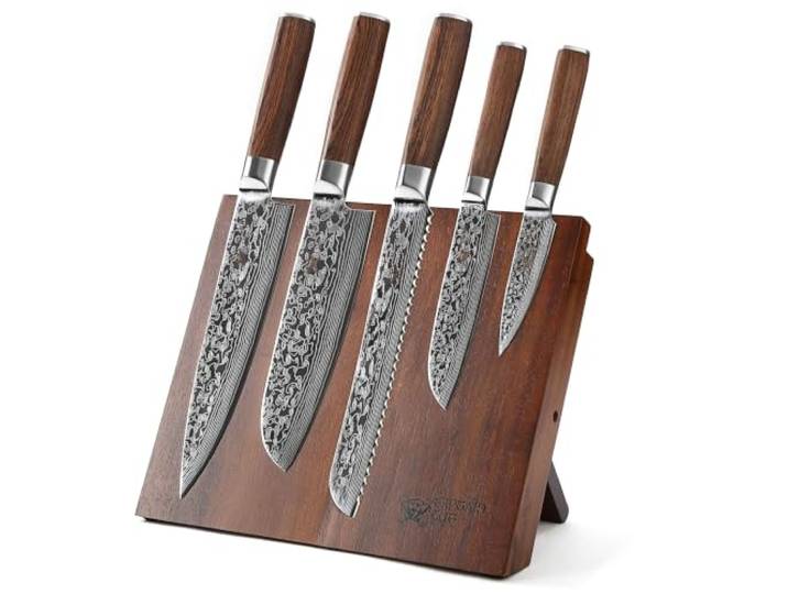 Captain Cut 5-teiliges Messerset mit Messerblock Akazienholz, Damast-Optik Messerblock magnetisch, scharfes Küchenmesser Set: Kochmesser, Santoku, Brotmesser, hochwertiger Edelstahl, Pakkaholzgriff