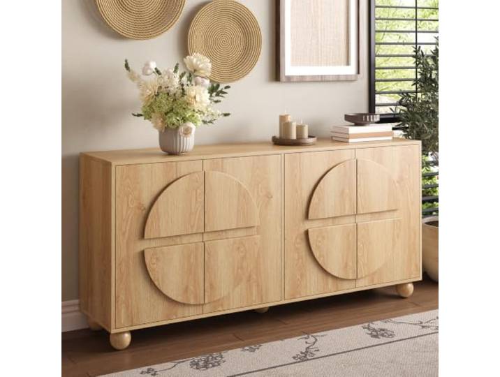 BXEYXE Viertüriges Sideboard mit kreisförmiger Reliefoptik, geschlossener Staurschrank, Aufbewahrungsschrank mit verstellbaren Einlegeböden, Holzoptik Flurschrank, Wohnzimmer Stauschrank