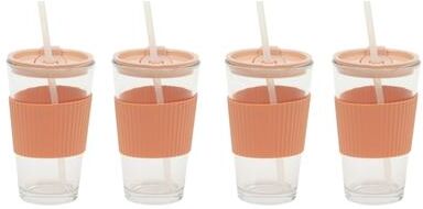 Mr. Coffee 4 Piece 15 Ounce Clear Glass Tumbler Set with Straw and Lid in Pink