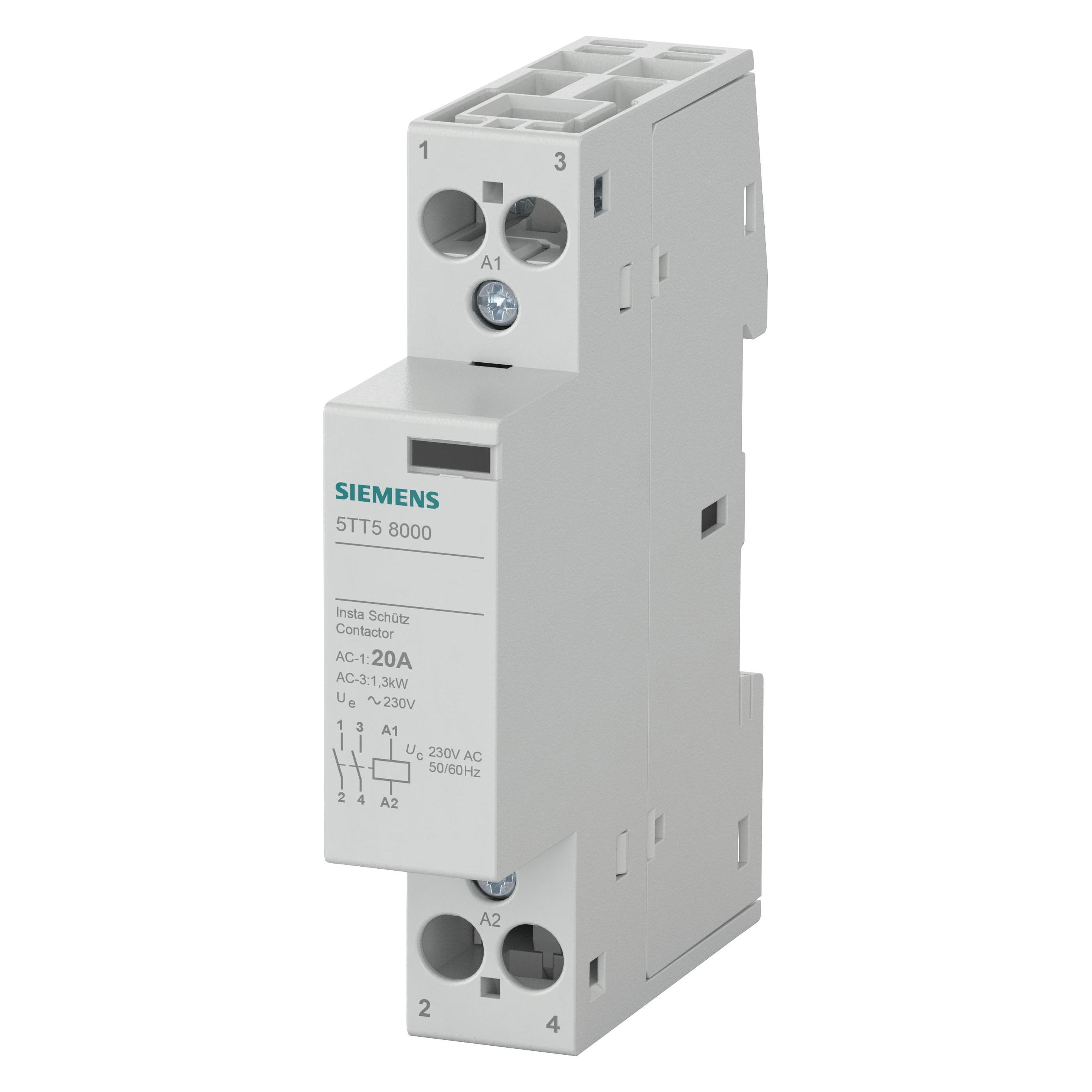 Siemens INSTA-Schütz mit 2 Schliessern, Kontakt für AC 230V, 400V 20A Ansteuerung AC 230V (5TT58000)