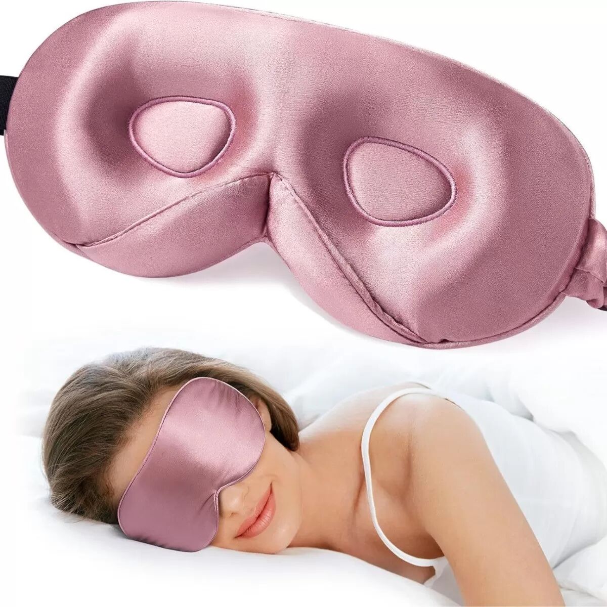 INF 3D-konturierte seidenbezogene Verdunkelungs-Schlafmaske mit geformter Nasenmulde und verstellbarem Riemen Rosa