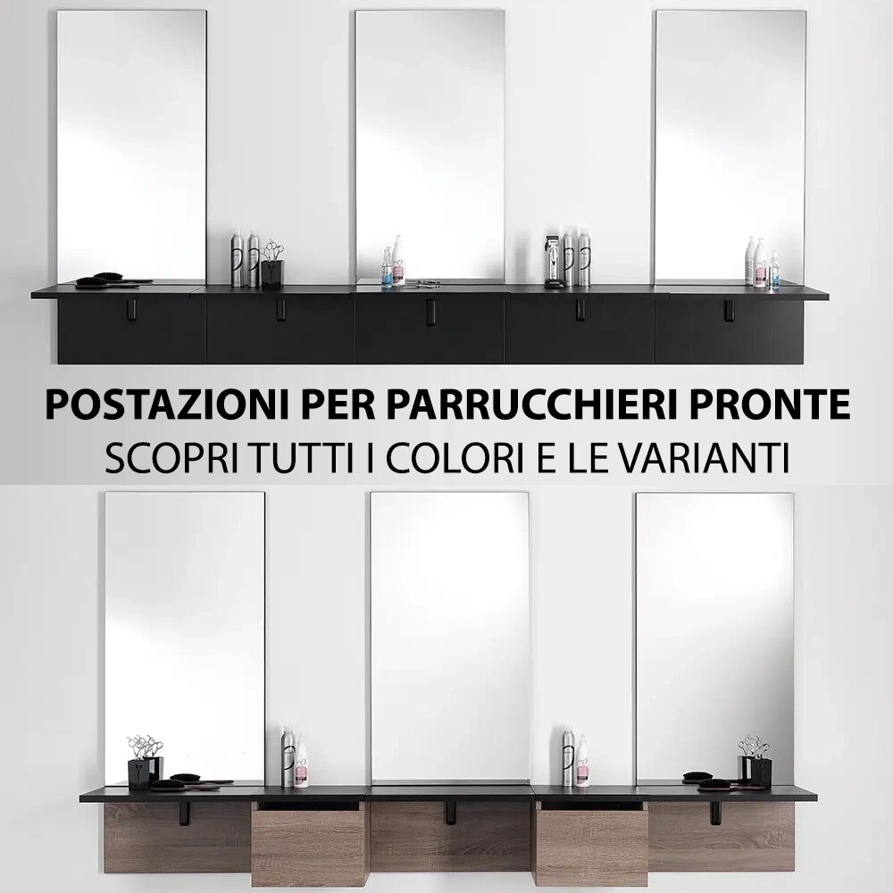 Xanitalia Postazione Tripla Mobile da Parrucchiere con cassetti riepiani Specchiera Componibile NERO SOLO RIPIANI