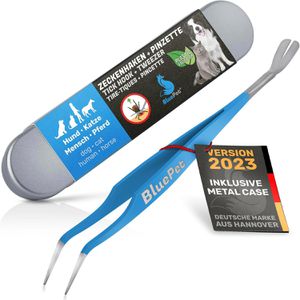 BluePet Zeckenpinzette 2in1 Tick Hook + Tweezer mit Metall-Box, für Mensch und Tier, aus Edelstahl, Länge 13 cm
