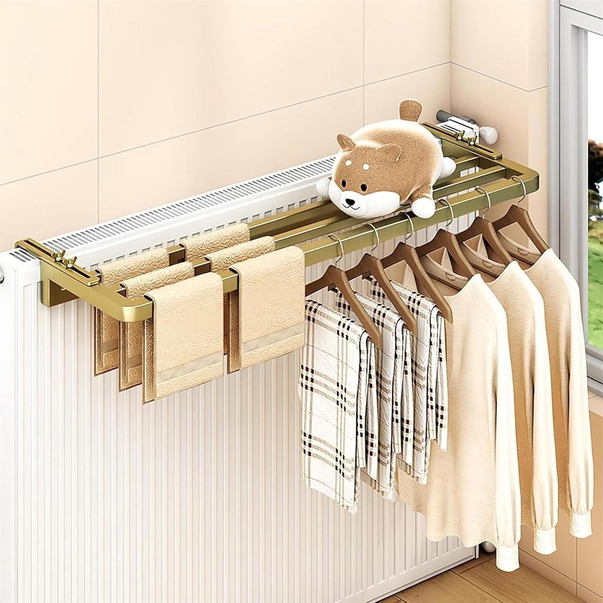 Verstelbaar wasrek radiator kledingrek in goud met 25 cm verbreding