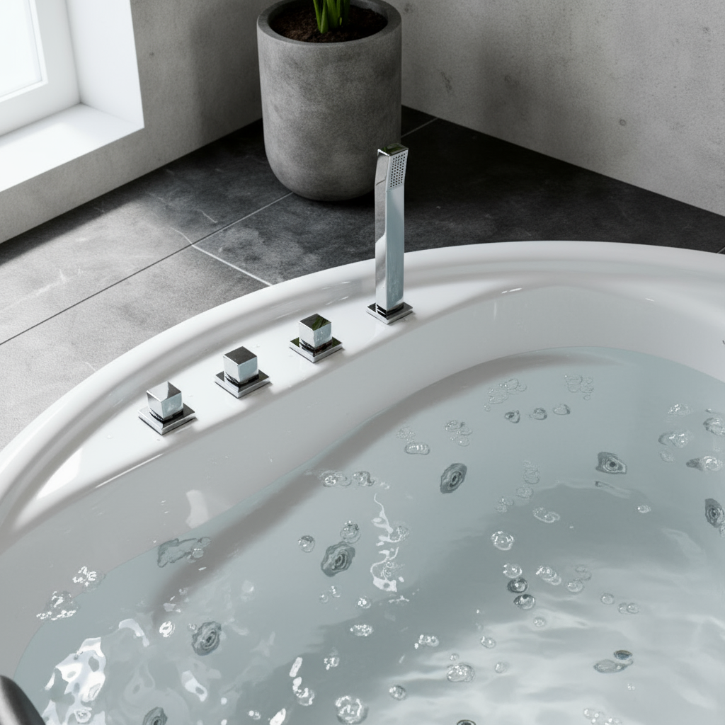 Indoor Whirlpool Badewanne 182x182 Rund cm, 18 Massagedüsen LED, rund oder eckig, Einbau, 2 Personen, Acryl, Caribia VIDAL XXL Basic, Made in Germany