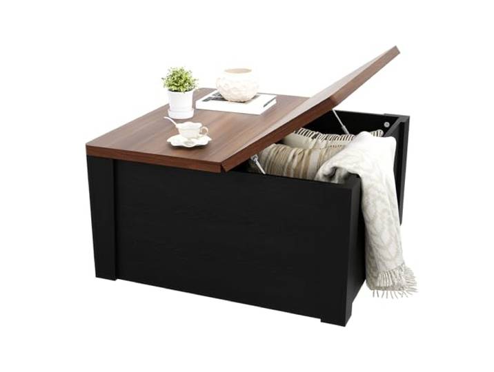 GarveeMore Moderner Lift-Top Couchtisch 80 cm – Quadratisch mit Doppelklappdeckel, Gasdruckfedern & verstecktem Stauraum – Robustes MDF, platzsparend für kleine Wohnräume – Farbe: Schwarz + Walnuss