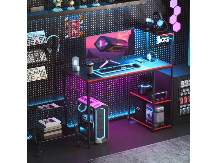 HOMCOM Bureau Gaming LED 110x50cm Noir Fibre Carbone Etagères