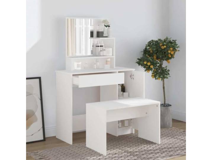 Schminktisch-Set Weiß mit Hocker und Spiegel Holzwerkstoff 86,5x35x136 cm Mit Wandhalterung zur Kippsicherung, max. Belastbarkeit 110 kg pro Sitzplatz, Montageanleitung inklusive