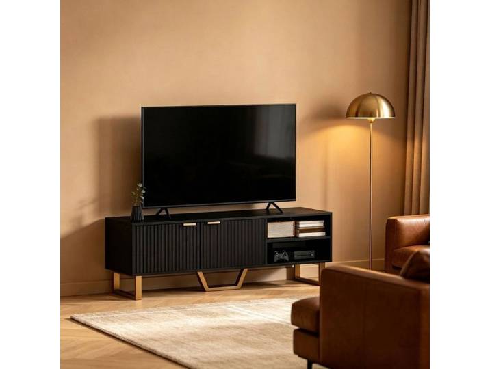 Norevia Meuble TV Noir 140 cm pour TV jusqu'à 70 Pouces Banc TV avec 2 Portes Nervurées