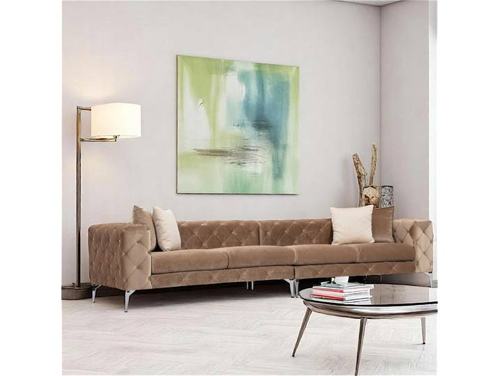 Canapé capitonné moderne en velours DOVER - 4 places - Beige