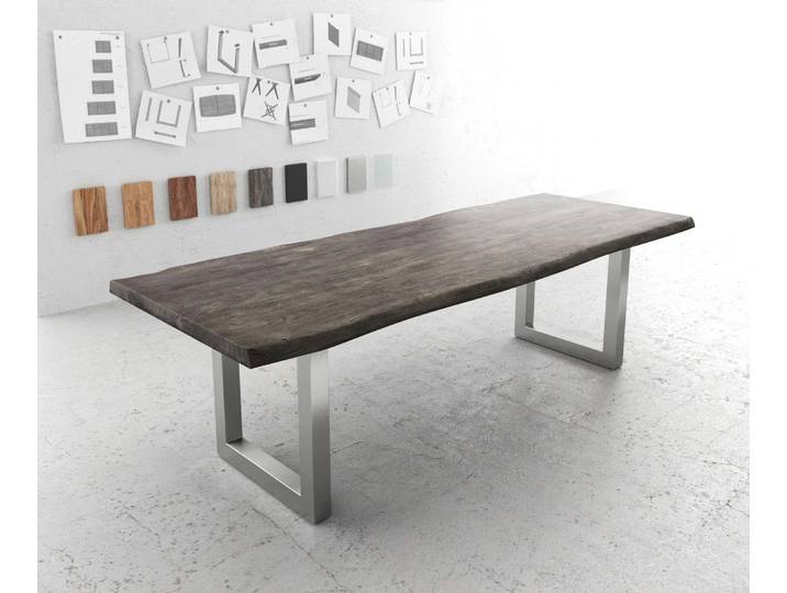 DELIFE Esstisch Edge 260x100 XL Akazie Platin Edelstahl Breit Live-Edge