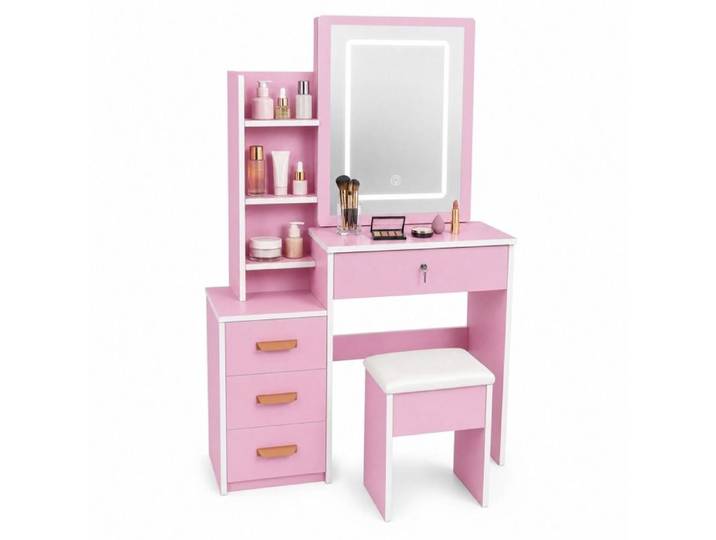 Coiffeuse miroir LED 85x36x130 cm 4 tiroirs 3 modes d'éclairage rose MDF avec rangements tabouret FOLYNA