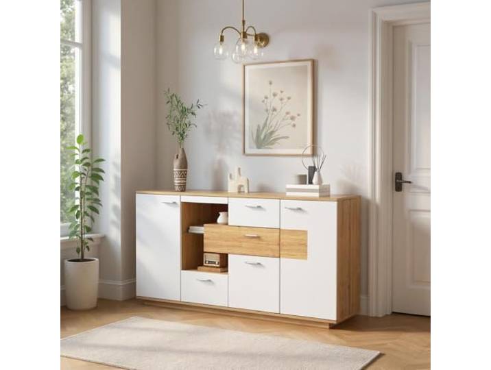 FurnitureR Sideboard in Natur – Elegantes Design mit Praktischem Stauraum, Robustes MDF-Material für Moderne Wohnräume, Ideal für Diele & Flur