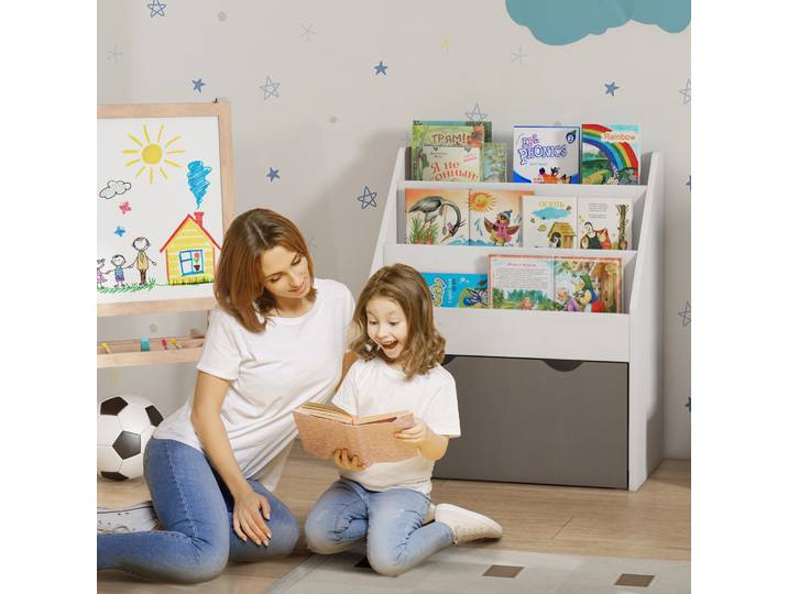 AIYAPLAY Bibliothèque Enfant 3 Niveaux avec Tiroir Gris MDF
