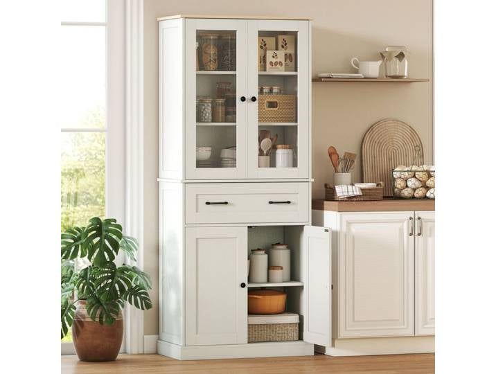 CollaHausse Meuble d'Appoint Cuisine 2 Portes Acrylique Grand Tiroir Étagères Réglables Crème 76x40x182 5 cm