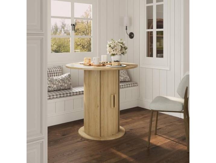 Garvee Runder Esstisch mit Stauraum, Küchentisch 80 cm MDF Rollladen Natur für 2 Personen, platzsparend, wasserabweisend, pflegeleicht, Staufach, einfache Montage, Esszimmer, Wohnzimmer, Büro