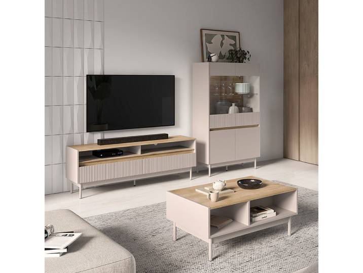 Lomadox Wohnzimmer-Set DINAR-131, (Mega-Spar-Set, 3-St., Vitrinenschrank Beleuchtung Couchtisch Lowboard), kaschmir matt Eiche-Dekor modern Metallfüße grifflos LED Beleuchtung