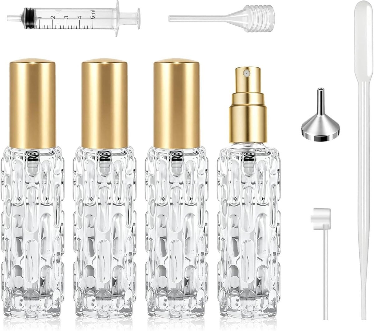 Set van 4 navulbare mini-parfumverstuivers met lekvrij aluminium deksel, goud