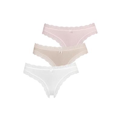 String LASCANA, Damen, Gr. 48/50, 3 Stk., Single Jersey, blau (rosé, uni, beige, uni, weiß, uni), Single Jersey, Obermaterial: 95% Baumwolle, 5% Elasthan. Spitze: 90% Polyamid, 10% Elasthan, Unterhosen String, mit floraler Spitze