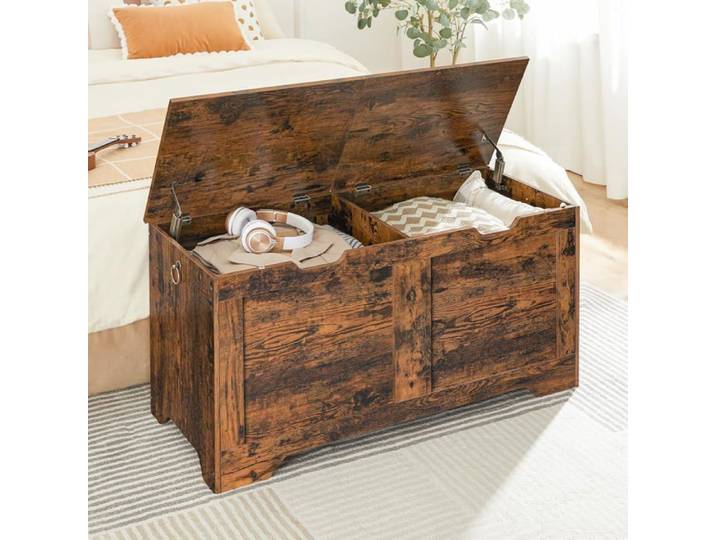 HOOBRO Coffre de Rangement avec 2 Couvercles Banc de Rangement Banc d'Entrée 2 Charnières de Sécurité Meuble Entrée Marron