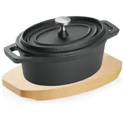8x Cocotte schwarz Gusseisen 12,5 x 9,5 x 6,5 cm mit Deckel + 8x Holzuntersetzer