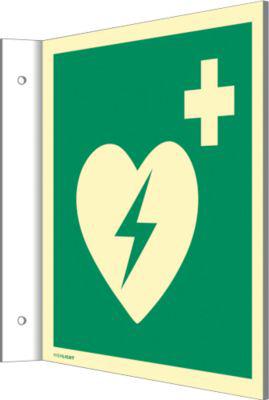moedel Fahnenschild „Automatischer externer Defibrillator AED“, EN ISO 7010, Leuchtklasse C, 160 mcd/m², bis 20 m, L 200 x B 200 mm, Kunststoff
