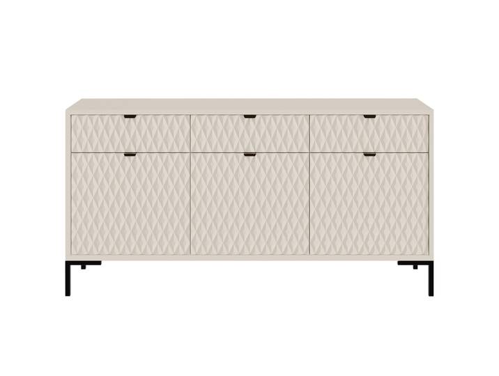 BEAUTYSOFA Kommode MONTREAL 150 cm Kaschmir Kommode mit 3 Türen und 3 Schubladen – Rautenfräsung, selbstschließende Türen, schwarze Metallbeine