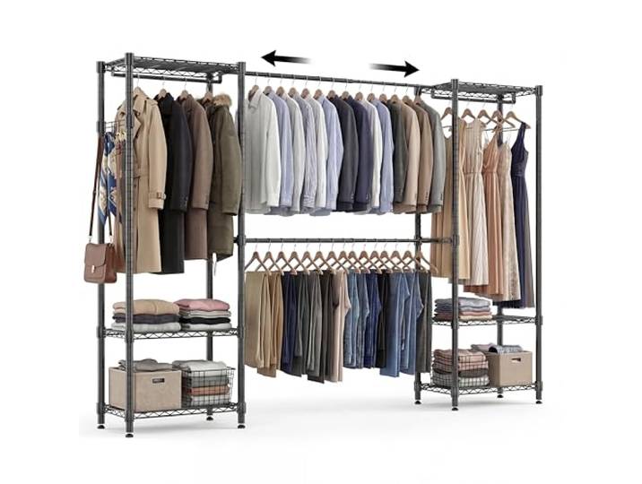 Himimi Kleiderständer Stabil, Offener Kleiderschrank System mit 4 Kleiderstangen & 6 Höhenverstellbaren Regalen, Teleskop-Kleiderständer Schwerlast Metall für Schlafzimmer, 35×(182-240)×180cm, Schwarz