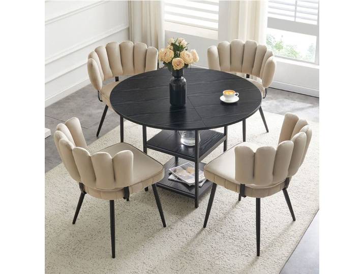 COVREO Ensemble table à manger ronde Ø107 cm et 4 chaises tissu beige clair avec rangements