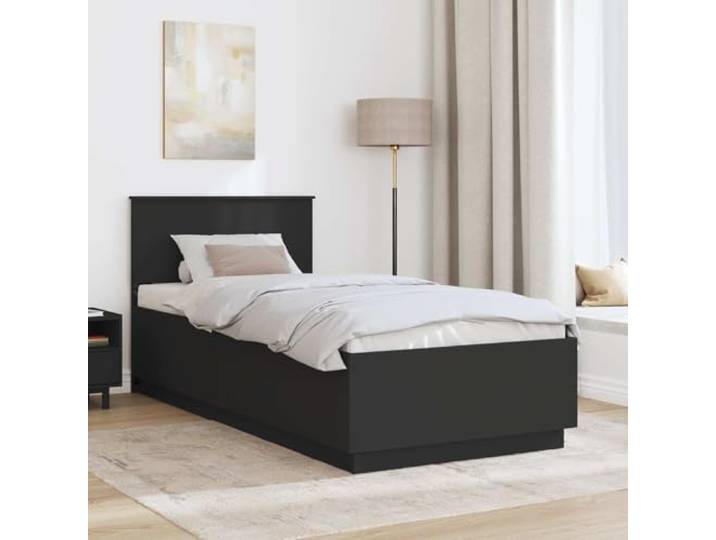 KTHLBRH Schwarzes Bett 90 x 200 cm aus technischem Holz Verstellbares Kopfteil, quadratische Beine, minimalistisches Design, einfache Wartung