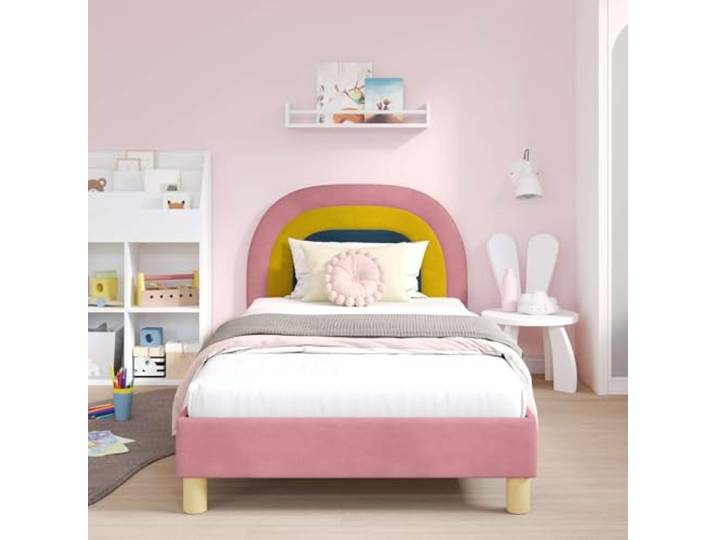 KTHLBRH Bettgestell, Rosa, 90 x 200 cm, Samt Technisches Holz, Kopfteil inklusive, Lattenrost-Design, einfache Montage, Verwendung im Innenbereich