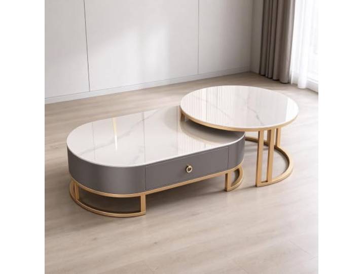 YHTCSXMD Ausziehbarer Couchtisch mit Steinplatte und Schublade Nesting Design, Steinplatte, Stahlrahmen, Holzschublade, couchtisch rund, couchtisch modern, Wohnzimmer