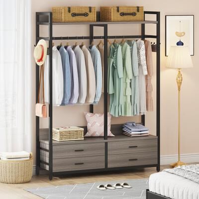 YUZHOU Freestanding Closet Organizer, Clothing Rack with 4 Drawers, 8 Hooks and Storage Shelves - Grey