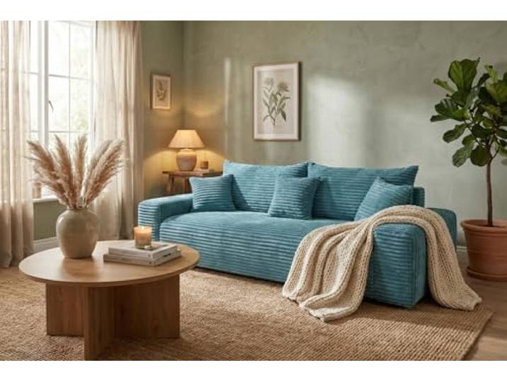 SOFILAND Cordo Schlafsofa 265×150 cm mit Bettkasten – Cord Sofa TILIA Breitcord, SoftTouch Komfort, 3-Sitzer Couch, abnehmbare Kissen, Easy Clean & Pet Friendly (Blau)