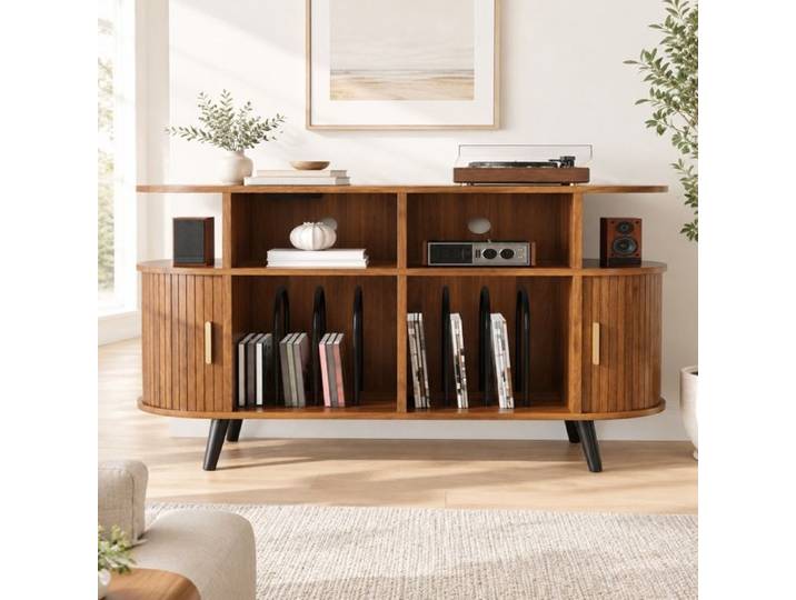 Meuble Hi-Fi ovale MDF finition noyer 110 cm rangement vinyles portes coulissantes et station de charge