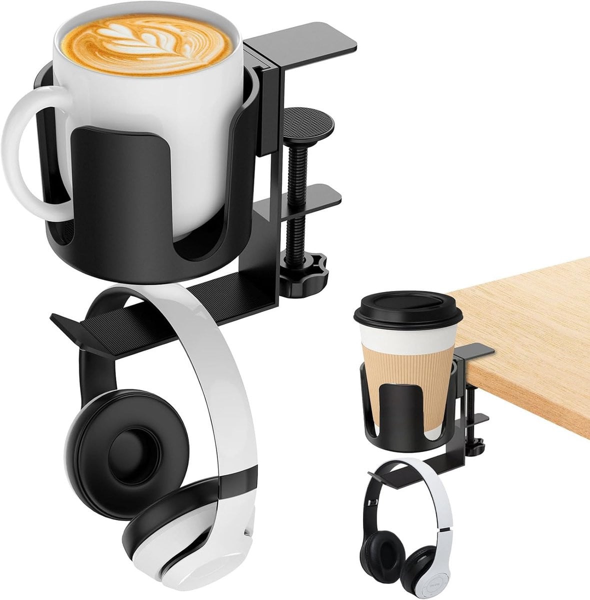 2-in-1 Bekerhouder en Hoofdtelefoonhouder voor Bureau en Tafel, Anti-morsen Desktop Organizer