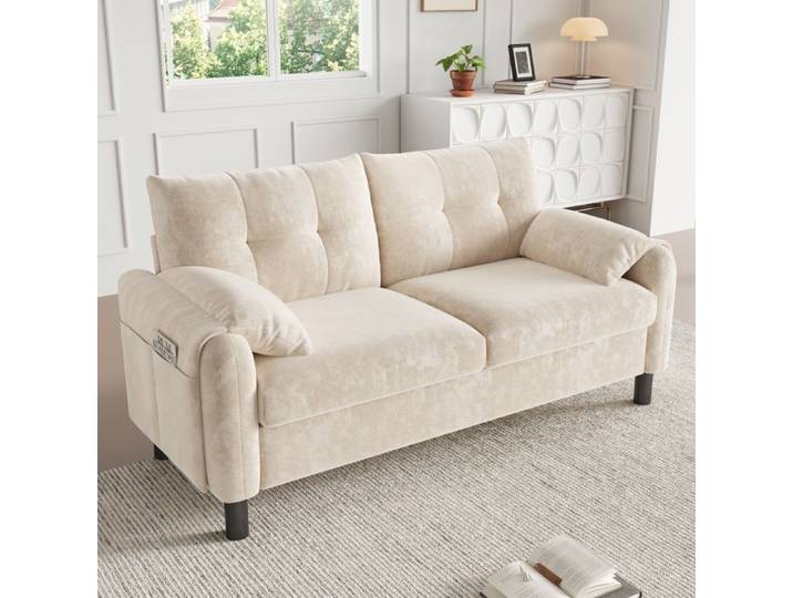 Canapé 2 places - TRUXEN8 - Tissu chenille - Beige - Design scandinave moderne