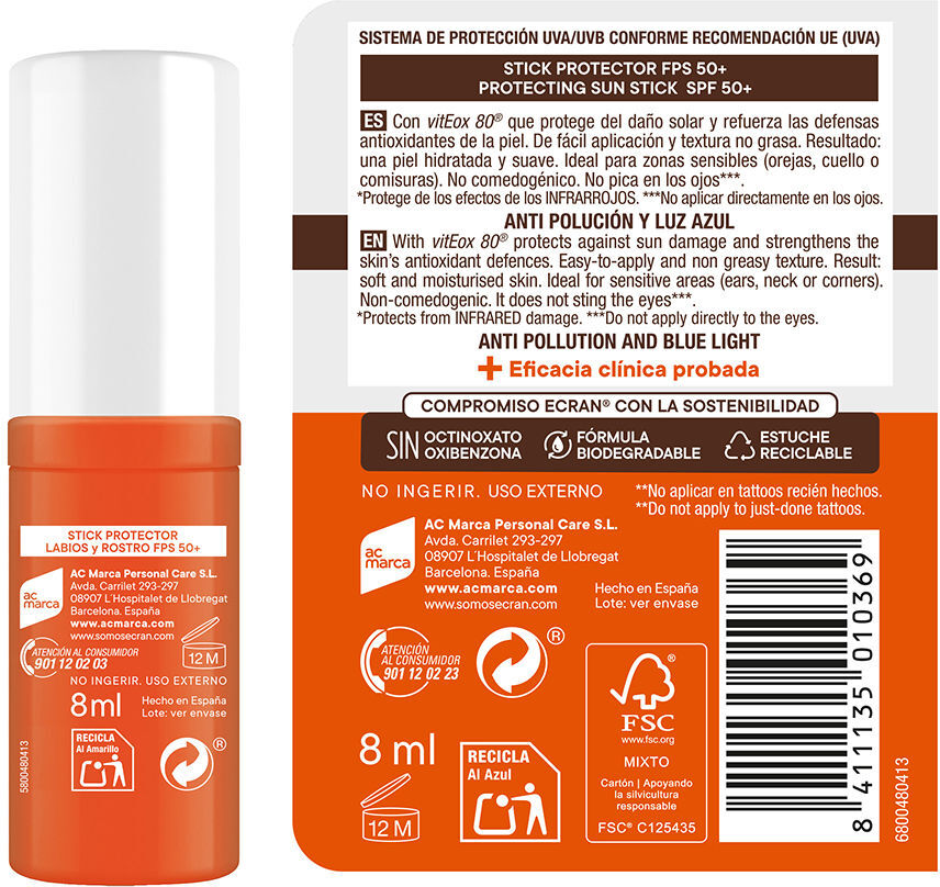 Ecran Écran Sunnique stick lèvres et visage SPF50+ 8 ml