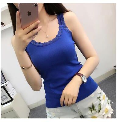 Retailers Go Women's Black Summer Tank Top, Lace Camisole Vest With Red Inside Wear, Sleeveless Loose Fit royal Blue