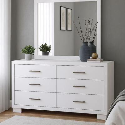 Benjara Bela 64 Inch Wide 6 Drawer Dresser, Felt Lined, Silver Handles, Crisp White