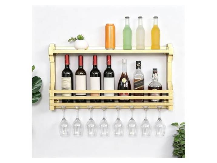 Weinregal Wandmontage schwebende Barregale Likörflaschen-Ausstellungsregal Hängender Weinglashalter für Zuhause, Bar, Esszimmer, Küche(Gold,80x11x43cm)