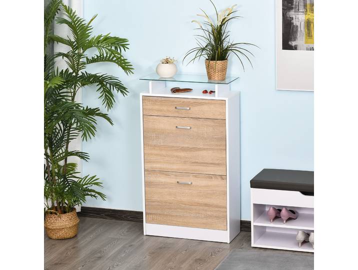 HOMCOM Meuble Chaussures Bois Chêne Blanc 2 Portes/Tiroir