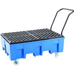 asecos Auffangwanne 33059, aus Polyethylen, 124,5 x 86,5cm, mit Polyethylen-Gitterrost, fahrbar, 220 Liter