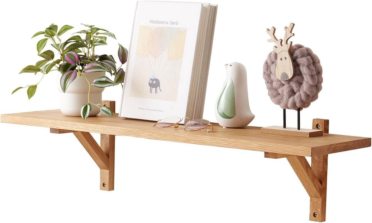 Zwevende Wandplank Eikenhout 80 cm - Massief Houten Plank met Driehoekige Houders voor Wanddecoratie